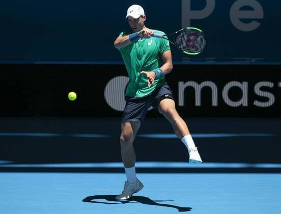 31st December 2017, Perth Arena, Perth, Australia; MasterCard Hopman Cup Tennis; Vasek Pospisil of Team Canada plays a forehand shot against Thanasi Kokkinakis of Team Australia Kokkinakis won 2 sets to 1  ActionPlus11966802