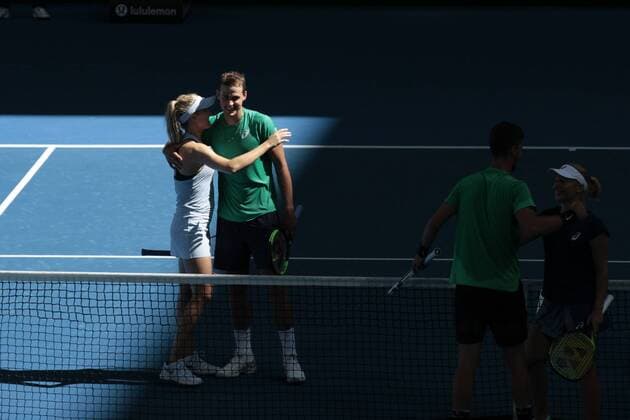 31st December 2017, Perth Arena, Perth, Australia; MasterCard Hopman Cup Tennis; Vasek Pospisil and Eugenie Bouchard of Team Canada congratulate each other on beating Team Australia in the mixed doubles  ActionPlus11966831