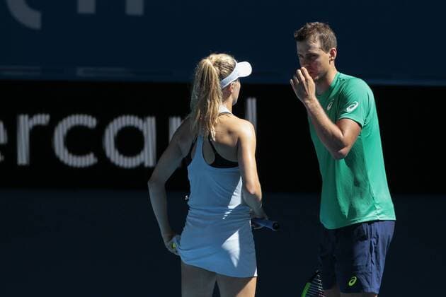 31st December 2017, Perth Arena, Perth, Australia; MasterCard Hopman Cup Tennis; Eugenie Bouchard and Vasek Pospisil of Team Canada talk tactics during the mixed doubles against Australia Canada won 2-0  ActionPlus11966834