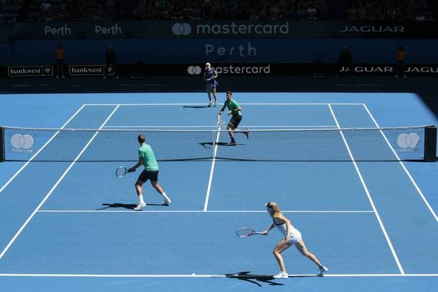 31st December 2017, Perth Arena, Perth, Australia; MasterCard Hopman Cup Tennis; Team Canada foreground play against Team Australia in the mixed doubles won by Team Canada 2-0  ActionPlus11966828