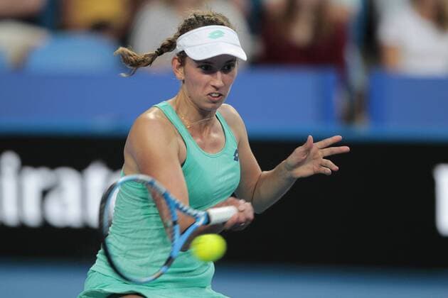 1st January 2018, Perth Arena, Perth, Australia; MasterCard Hopman Cup Tennis; Elise Mertens of Team Belgium plays a forehand shot against Angelique Kerber of Team Germany Kerber won 2 sets to 0  ActionPlus11967117