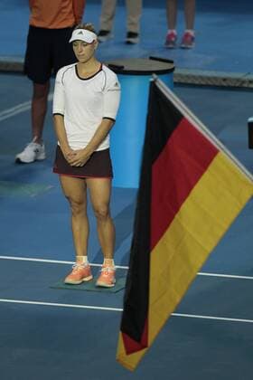 1st January 2018, Perth Arena, Perth, Australia; MasterCard Hopman Cup Tennis; Angelique Kerber of Team Germany listens to her countries Nataional Anthem before the start of her match against Elise Mertens of Team Belgium  ActionPlus11967118