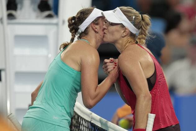 1st January 2018, Perth Arena, Perth, Australia; MasterCard Hopman Cup Tennis; Angelique Kerber (R) of Team Germany greets Elise Mertens (L) of Team Belgium at the net after she won their match Kerber won 2 sets to 0  ActionPlus11967123
