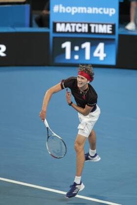 1st January 2018, Perth Arena, Perth, Australia; MasterCard Hopman Cup Tennis; Alexander Zverev of Team Germany serves to David Goffin of Team Belgium Goffin won in straight sets 2-0  ActionPlus11967145