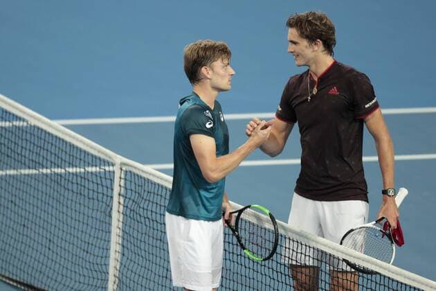 1st January 2018, Perth Arena, Perth, Australia; MasterCard Hopman Cup Tennis; David Goffin (L) of Team Belgium greets Alexander Zverev (R) of Team Germany at the net after his win in straight sets  ActionPlus11967156