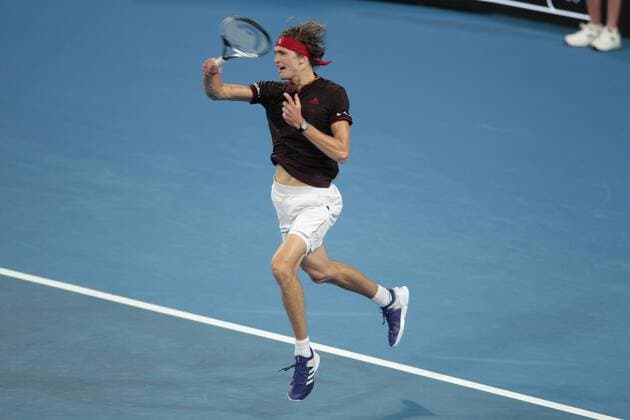1st January 2018, Perth Arena, Perth, Australia; MasterCard Hopman Cup Tennis; Alexander Zverev of Team Germany plays a backhand shot against David Goffin of Team Belgium Goffin won in straight sets 2-0  ActionPlus11967151