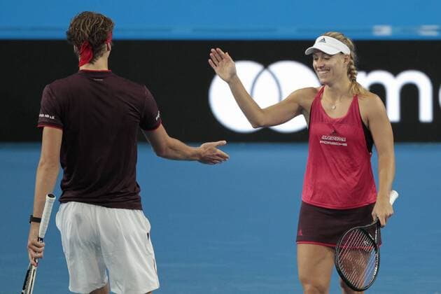 1st January 2018, Perth Arena, Perth, Australia; MasterCard Hopman Cup Tennis; Alexander Zverev and Angelique Kerber of Team Germany high five after winning a point during the mixed doubles  ActionPlus11967222
