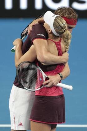 1st January 2018, Perth Arena, Perth, Australia; MasterCard Hopman Cup Tennis; Alexander Zverev and Angelique Kerber of Team Germany hug after winning the mixed doubles 2 sets to 0 against Team Belgium  ActionPlus11967238