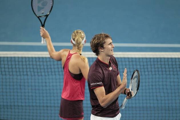 1st January 2018, Perth Arena, Perth, Australia; MasterCard Hopman Cup Tennis; Alexander Zverev and Angelique Kerber of Team Germany wave to the fans after defeating Belgium in the mixed doubles 2 sets to 0  ActionPlus11967242