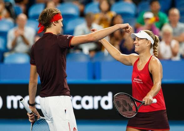 ANGELIQUE KERBER ALEXANDER ZVEREV cheer after their victory Jubilee joy emotion mixed doubles tennis Hopman Cup 2018 ITF Perth arena Perth Western Australia Australia 1 January 2018 Â Copyright: xJuergenxHasenkopfx