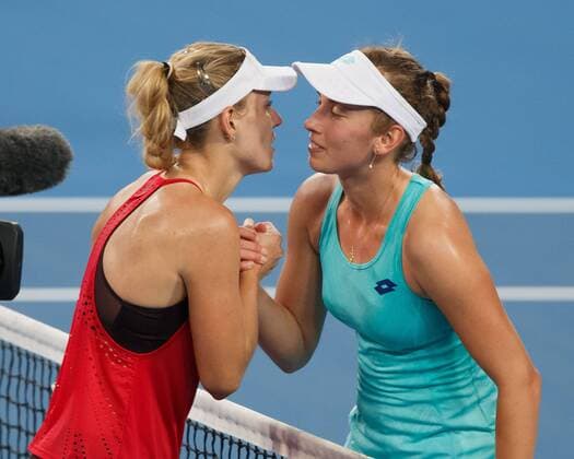 ELISE MERTENS BEL congratulates the winner of ANGELIQUE KERBER GER tennis Hopman Cup 2018 ITF Perth arena Perth Western Australia Australia 1 January 2018 Â Copyright: xJuergenxHasenkopfx