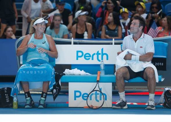 COCO VANDEWEGHE and coach PAT CASH replacement players sitting on the bench during game break Team USA tennis Hopman Cup 2018 ITF Perth arena Perth Western Australia Australia 2 January 2018 Copyright: xJuergenxHasenkopfx
