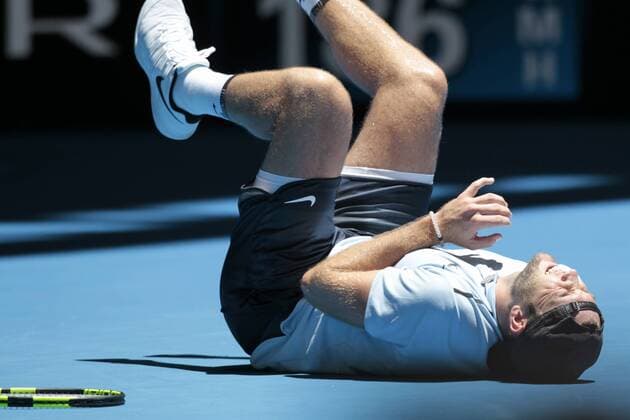 2nd January 2018, Perth Arena, Perth, Australia; MasterCard Hopman Cup Tennis; Jack Sock of Team USA falls to the court injuring his hip against Yuchi Sugita of Team Japan Sock eventually retired hurt to hand the match to Sugita  ActionPlus11967495