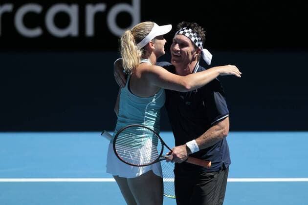 2nd January 2018, Perth Arena, Perth, Australia; MasterCard Hopman Cup Tennis; Former Wimbledon Champion and Australian tennis Legend Pat Cash and doubles partner CoCo Vandeweghe of Team USA hug after the mixed doubles against Japan Japan won 2-1  ActionPlus11967523