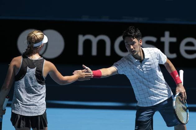 2nd January 2018, Perth Arena, Perth, Australia; MasterCard Hopman Cup Tennis; Yuchi Sugita touches hands with doubles partner Maddison Inglis 19 yr old from Western Australia replacement player for Naomi Osaka  ActionPlus11967507