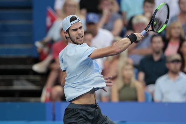 2nd January 2018, Perth Arena, Perth, Australia; MasterCard Hopman Cup Tennis; Karen Khachanov of Team Russia plays a forehand shot against Roger Federer of Team Switzerland Federer won in straight sets 2-0  ActionPlus11967578