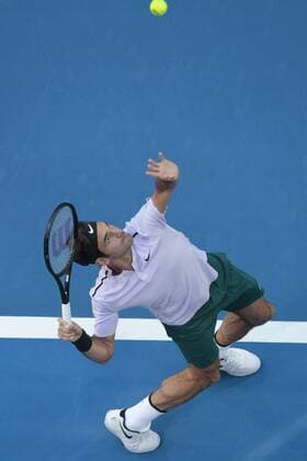 2nd January 2018, Perth Arena, Perth, Australia; MasterCard Hopman Cup Tennis; Roger Federer of Team Switzerland serves to Karen Khachanov of Team Russia Federer won in straight sets 2-0  ActionPlus11967588
