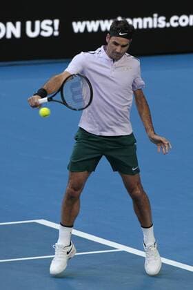 2nd January 2018, Perth Arena, Perth, Australia; MasterCard Hopman Cup Tennis; Roger Federer of Team Switzerland plays a backhand shot against Karen Khachanov of Team Russia Federer won in straight sets 2-0  ActionPlus11967595