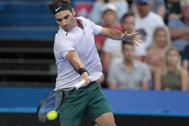 2nd January 2018, Perth Arena, Perth, Australia; MasterCard Hopman Cup Tennis; Roger Federer of Team Switzerland plays a forehand shot against Karen Khachanov of Team Russia Federer won in straight sets 2-0  ActionPlus11967601