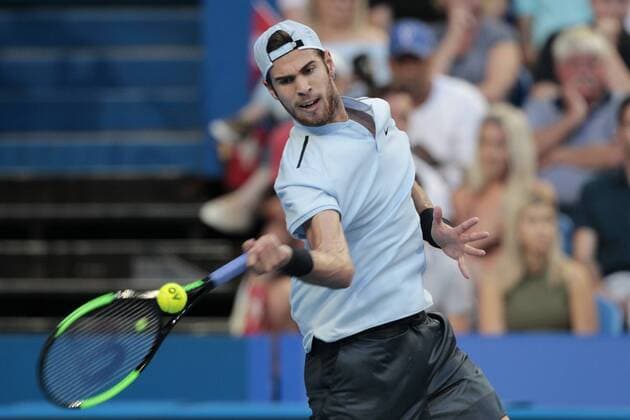 2nd January 2018, Perth Arena, Perth, Australia; MasterCard Hopman Cup Tennis; Karen Khachanov of Team Russia plays a forehand shot against Roger Federer of Team Switzerland Federer won in straight sets 2-0  ActionPlus11967603