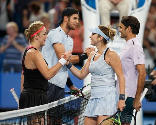 ANASTASIA PAVLYUCHENKOVA and KAREN KHACHANOV Team Russia congratulate the victors BELINDA BENCIC and ROGER FEDERER Team SWITZERLAND tennis Hopman Cup 2018 ITF Perth arena Perth Western Australia Australia 2 January 2018 Â Copyright: xJuergenxHasenkopfx