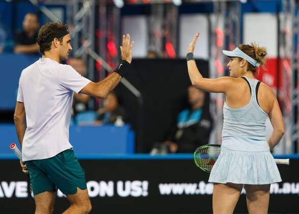 BELINDA BENCIC and ROGER FEDERER team SWITZERLAND tennis Hopman Cup 2018 ITF Perth arena Perth Western Australia Australia 2 January 2018 Â Copyright: xJuergenxHasenkopfx