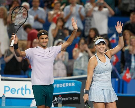 BELINDA BENCIC and ROGER FEDERER cheer after their victory Jubilee joy emotion team SWITZERLAND tennis Hopman Cup 2018 ITF Perth arena Perth Western Australia Australia 2 January 2018 Â Copyright: xJuergenxHasenkopfx