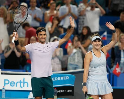 BELINDA BENCIC and ROGER FEDERER cheer after their victory Jubilee joy emotion team SWITZERLAND tennis Hopman Cup 2018 ITF Perth arena Perth Western Australia Australia 2 January 2018 Â Copyright: xJuergenxHasenkopfx