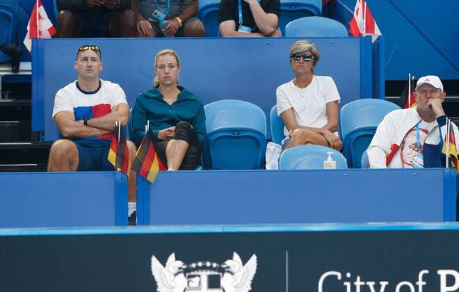 Hopman Cup feature L R fitness trainer Jez Green ANGELIQUE KERBER parents of ALEXANDER ZVEREV mother Irina and father Alexander sitting in the players box Team Germany tennis Hopman Cup 2018 ITF Perth arena Perth Western Australia Australia 3 January 2018 Â Copyright: xJuergenxHasenkopfx