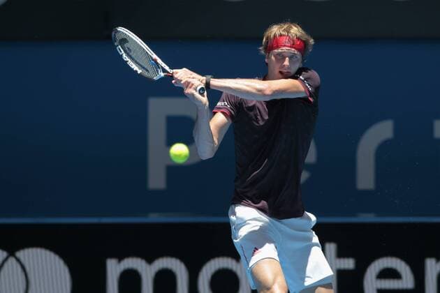 3rd January 2018, Perth Arena, Perth, Australia; MasterCard Hopman Cup Tennis; Alexander Zverev of Team Germany plays a backhand shot against Vasek Pospisil of Team Canada Zverev won 2-0  ActionPlus11967733