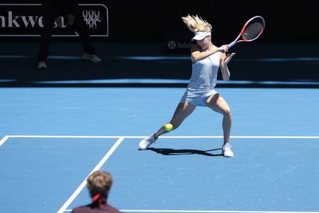 3rd January 2018, Perth Arena, Perth, Australia; MasterCard Hopman Cup Tennis; Eugenie Bouchard of Team Canada plays a forehand shot back at a waiting Alexander Zverev of Team Germany during the mixed doubles Germany won 2-0  ActionPlus11967744