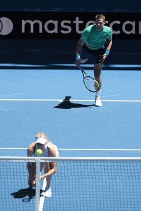 3rd January 2018, Perth Arena, Perth, Australia; MasterCard Hopman Cup Tennis; Vasek Pospisil serves over the top of Eugenie Bouchard during the mixed doubles against Germany  ActionPlus11967748