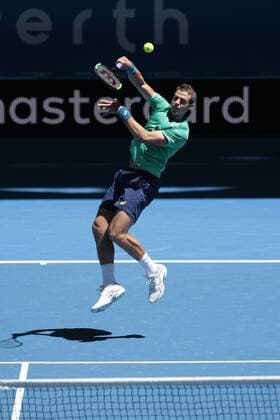 3rd January 2018, Perth Arena, Perth, Australia; MasterCard Hopman Cup Tennis; Vasek Pospisil of Team Canada plays a smash shot during the mixed doubles against germany Germany won 2-0  ActionPlus11967751