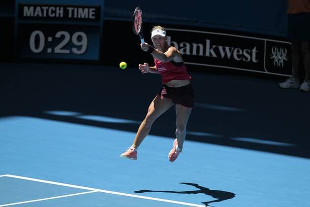 3rd January 2018, Perth Arena, Perth, Australia; MasterCard Hopman Cup Tennis; Angelique Kerber of Team Germany plays a forehand shot against Eugenie Bouchard of Team Canada Kerber won in straight sets 2-0  ActionPlus11967754