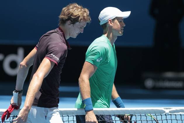 3rd January 2018, Perth Arena, Perth, Australia; MasterCard Hopman Cup Tennis; Zverev (L) and Pospisil (R) leave the court after Zverev won their match 2-0  ActionPlus11967740