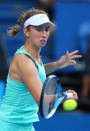 (180103) -- PERTH, Jan. 3, 2018 -- Elise Mertens of Belgium returns the shot during the match between Australia and Belgium at Hopman Cup mixed teams tennis tournament in Perth, Australia, Jan. 3, 2018. ) (SP)AUSTRALIA-PERTH-TENNIS-HOPMAN CUP ZhouxDan 