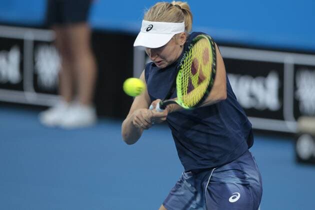 3rd January 2018, Perth Arena, Perth, Australia; MasterCard Hopman Cup Tennis; Daria Gavrilova of Team Australia plays a backhand shot against Elise Mertens of Team Belgium Mertens won 2 sets to 1  ActionPlus11967842