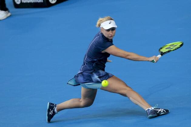 3rd January 2018, Perth Arena, Perth, Australia; MasterCard Hopman Cup Tennis; Daria Gavrilova of Team Australia plays a backhand shot against Elise Mertens of Team Belgium Mertens won 2 sets to 1  ActionPlus11967850