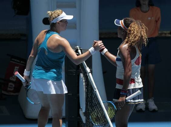 4th January 2018, Perth Arena, Perth, Australia; MasterCard Hopman Cup Tennis; Anastasia Pavlyuchenkova of Team Russia congratulates Naomi Osaka of Team Japan on winning their match 2 sets to 1  ActionPlus11967932