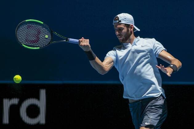 4th January 2018, Perth Arena, Perth, Australia; MasterCard Hopman Cup Tennis; Karen Khachanov of Team Russia plays a forehand shot against Yuchi Sugita of Team Japan Khachanov won in straight sets 2-0  ActionPlus11967935
