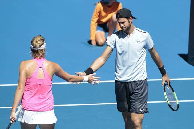 4th January 2018, Perth Arena, Perth, Australia; MasterCard Hopman Cup Tennis; Karen Khachanov and Anastasia Pavlyuchenkova of Team Russia touch hands during the mixed doubles against Japan  ActionPlus11967957