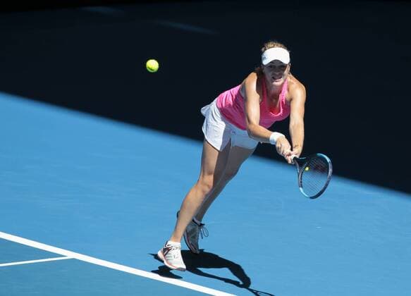 4th January 2018, Perth Arena, Perth, Australia; MasterCard Hopman Cup Tennis; Anastasia Pavlyuchenkova of Team Russia hits a backhanded return of serve against Japan in the mixed doubles  ActionPlus11967958