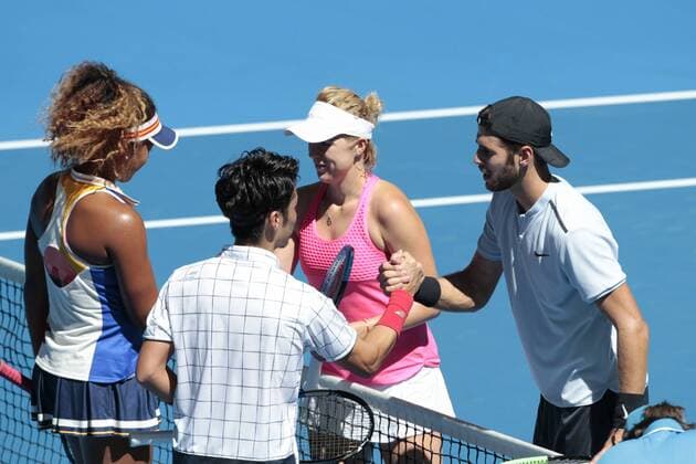 4th January 2018, Perth Arena, Perth, Australia; MasterCard Hopman Cup Tennis; Naomi Osaka and Yuchi Sugita of Team Japan congratulate Anastasia Pavlyuchenkova and Karen Khachanov of Team Russia after they won the mixed doubles in straight sets 2-0  ActionPlus11967960