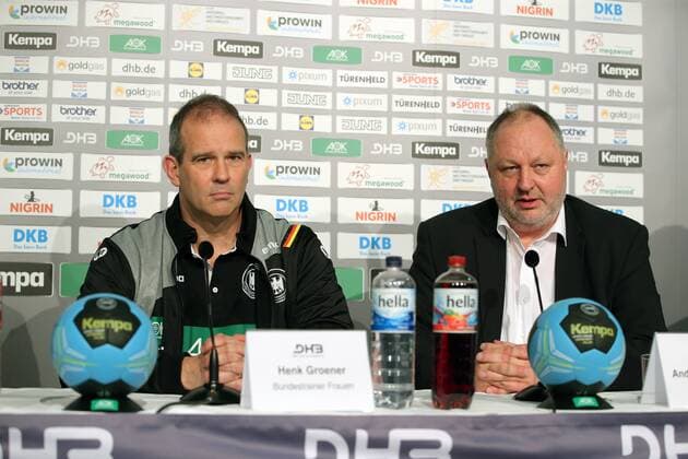National coach Henk Gorener DHB President Andreas Michel man idea women coach handball GER national team press conference 2018 Germany 04 01 2018 Stuttgart Copyright: xLanger Eibner-Pressefotox EP_HLR