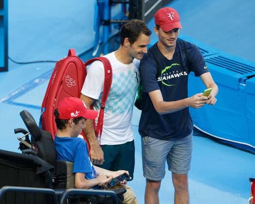 ROGER FEDERER welcomes fan in a wheelchair after the training tennis Hopman Cup 2018 ITF Perth arena Perth Western Australia Australia 4 January 2018 Â Copyright: xJuergenxHasenkopfx