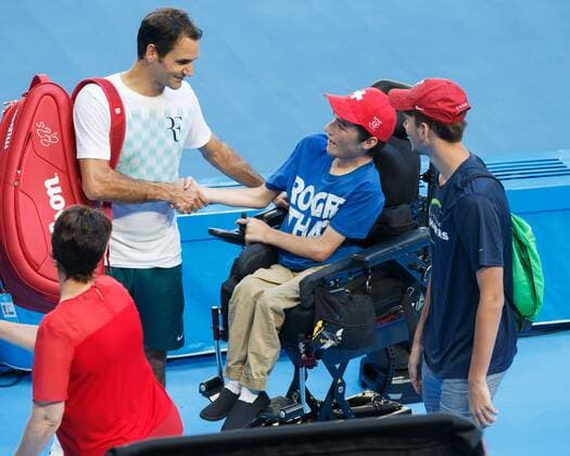 ROGER FEDERER welcomes fan in a wheelchair after the training tennis Hopman Cup 2018 ITF Perth arena Perth Western Australia Australia 4 January 2018 Â Copyright: xJuergenxHasenkopfx