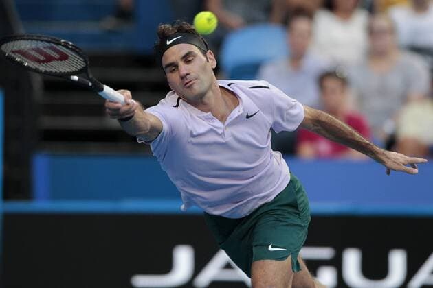 4th January 2018, Perth Arena, Perth, Australia; MasterCard Hopman Cup Tennis; Roger Federer of Team Switzerland reaches for a plays a forehand shot against Jack Sock of Team USA  ActionPlus11967984