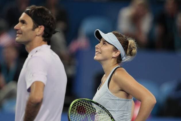 4th January 2018, Perth Arena, Perth, Australia; MasterCard Hopman Cup Tennis; Belinda Bencic of Team Switzerland and Roger Federer watch the replay on the big screen  ActionPlus11968024