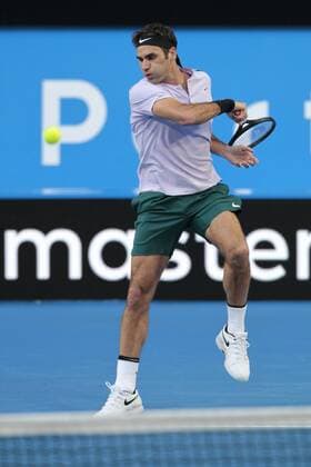 4th January 2018, Perth Arena, Perth, Australia; MasterCard Hopman Cup Tennis; Roger Federer of Team Switzerland plays a forehand shot against Jack Sock of Team USA  ActionPlus11967979