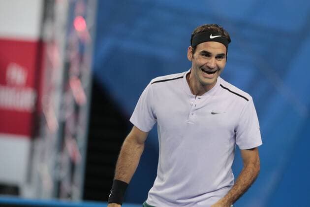 4th January 2018, Perth Arena, Perth, Australia; MasterCard Hopman Cup Tennis; Roger Federer of Team Switzerland has a laugh during the mixed doubles against the USA  ActionPlus11968019